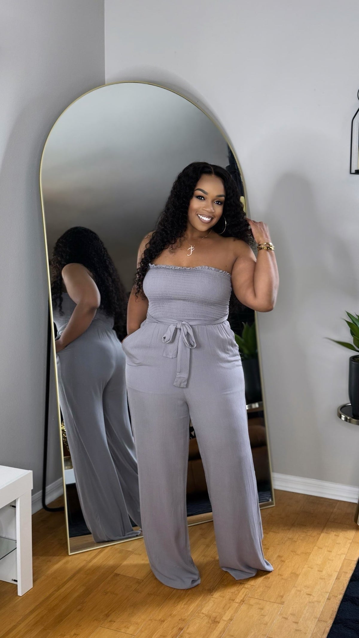 Smocked Jumpsuit-Grey