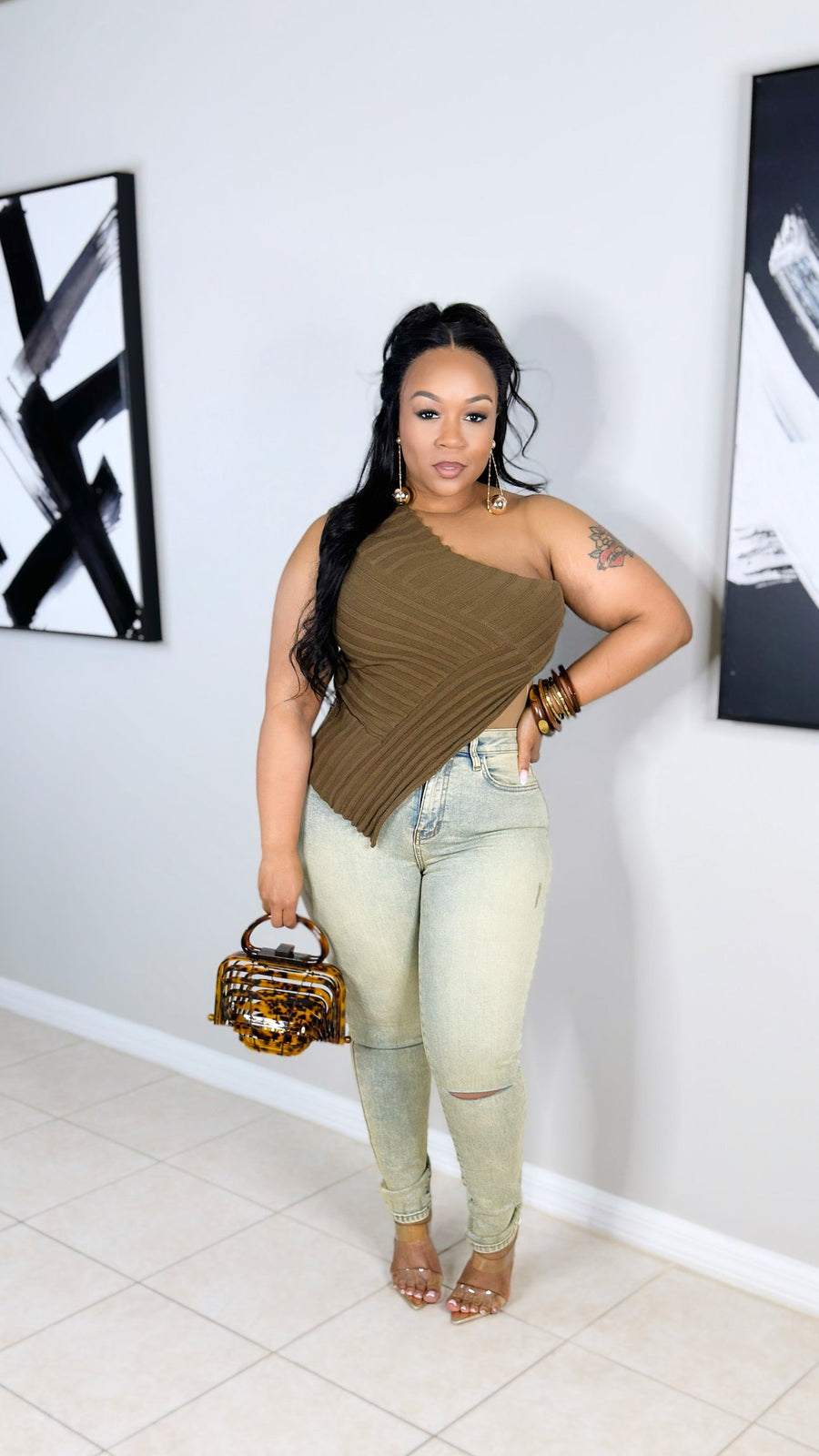One Shoulder Sweater Top- Brown