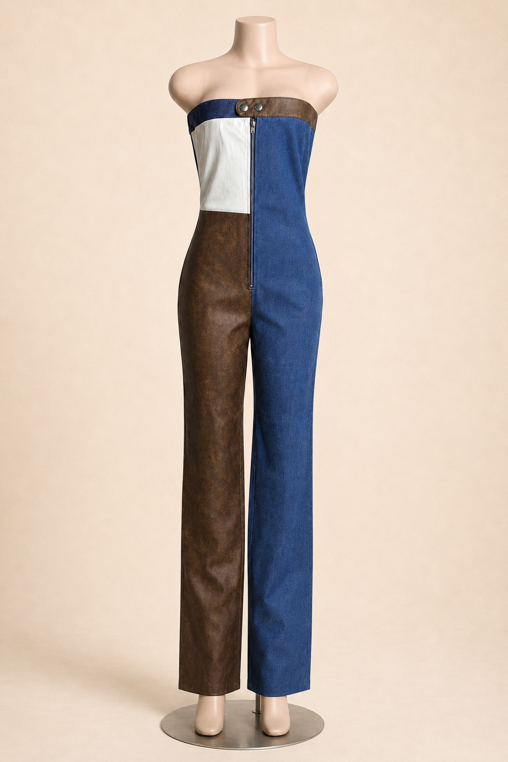 Leather Denim Mix Jumpsuit