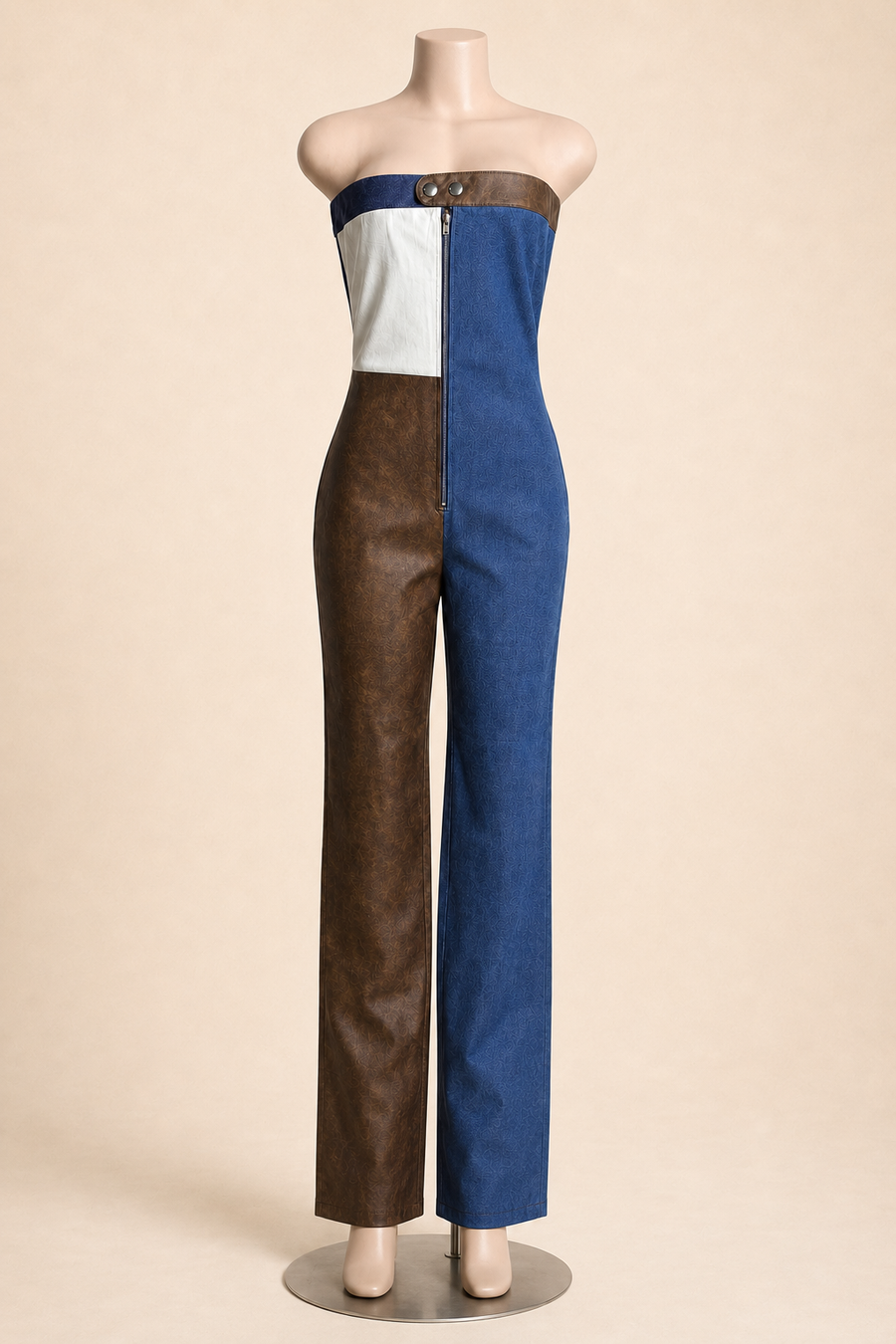 Leather Denim Mix Jumpsuit