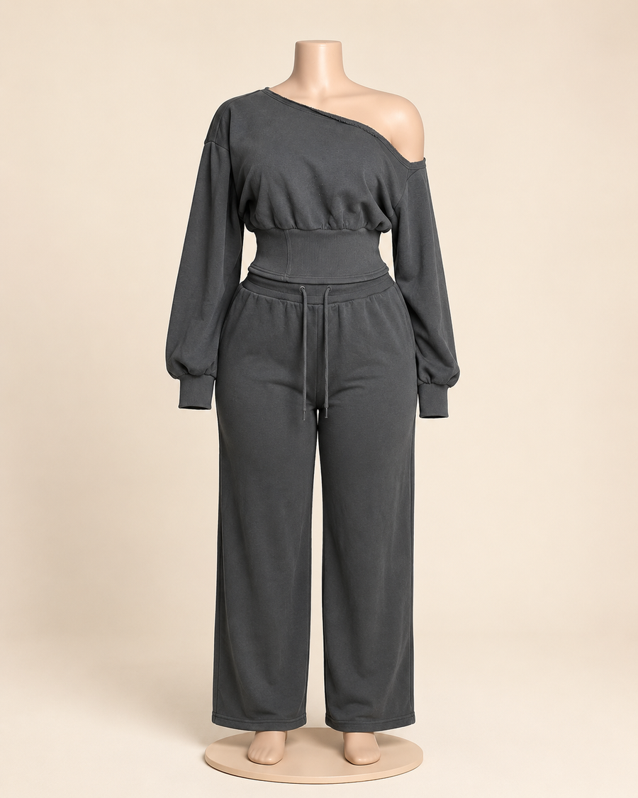 Off Shoulder Lounge Set- Grey