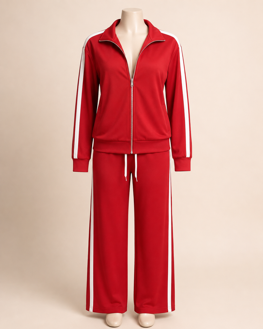 A red two-piece tracksuit displayed on a mannequin against a light beige background. The set includes a zip-up jacket with white stripes down the sleeves and matching wide-leg pants with white side stripes.