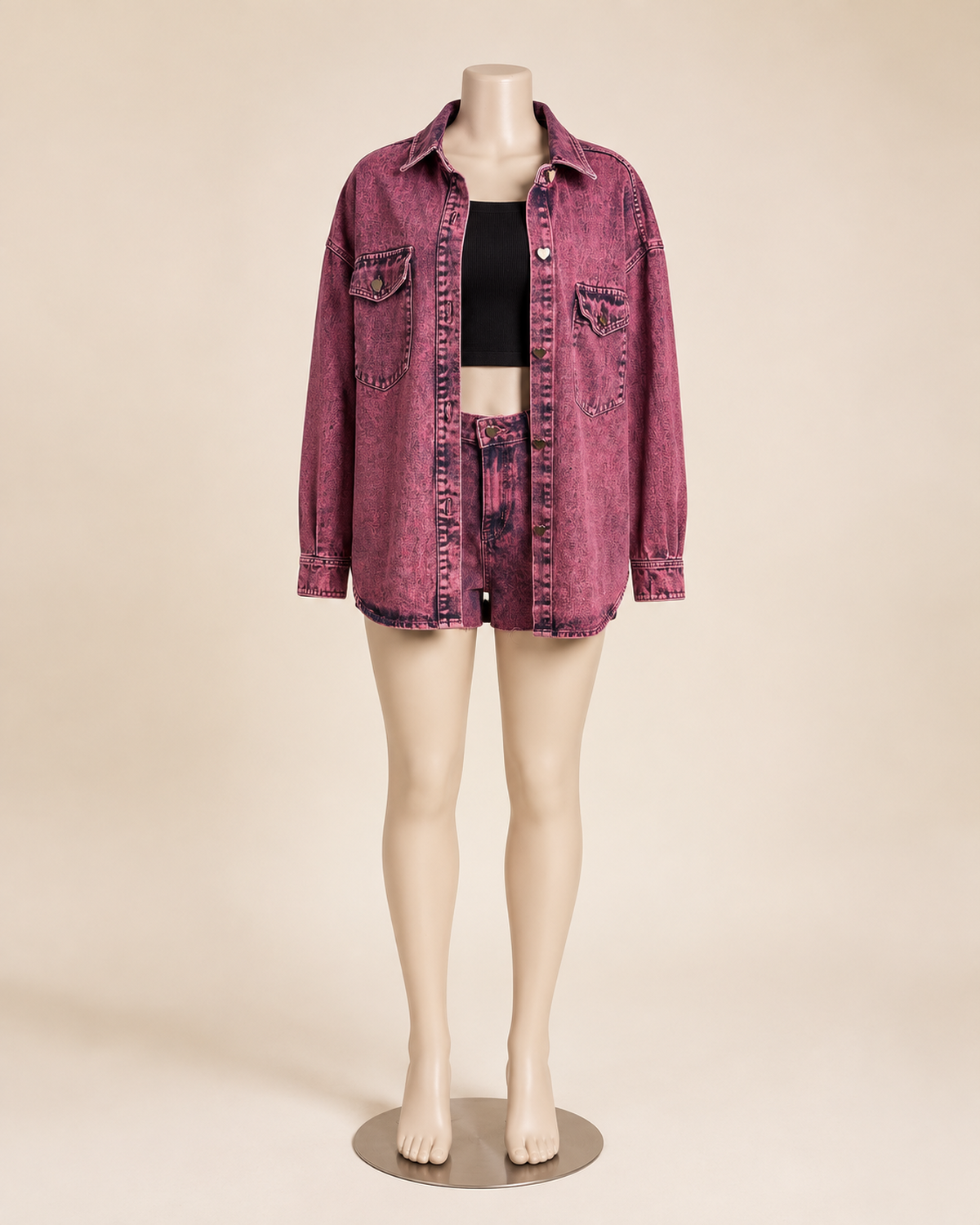 Washed Red Denim Short Set